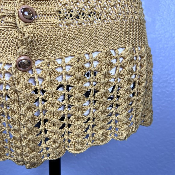 Sz XS Short-Sleeve Button-Up Blouse Mustard Yellow Open-Knit Eyelet - Picture 4 of 11